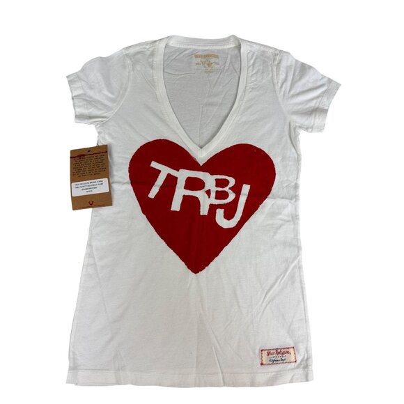 True Religion Tops - True Religion TRBJ Red Heart White V-Neck Tee Shirt Womens S 100% Cotton NWT